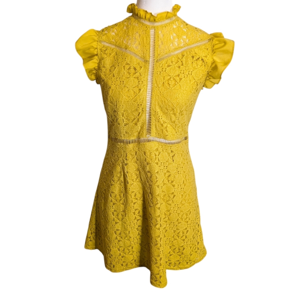 Altar'd State Mustard Yellow Lace Dress Women Small Ruffle Neck Cut Outs